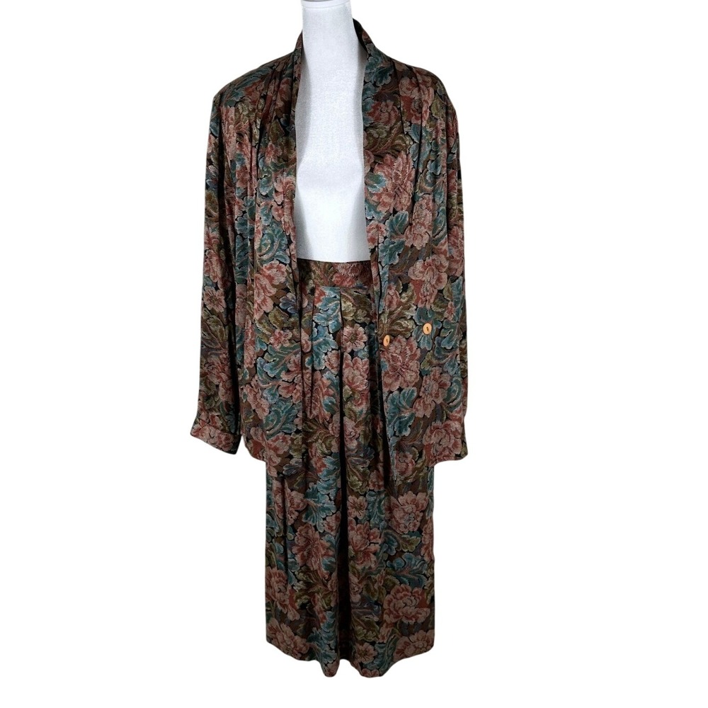 Vtg Norton McNaughton Tapestry Skirt Suit Womens 14P Floral Jacket Blazer 2 Pc